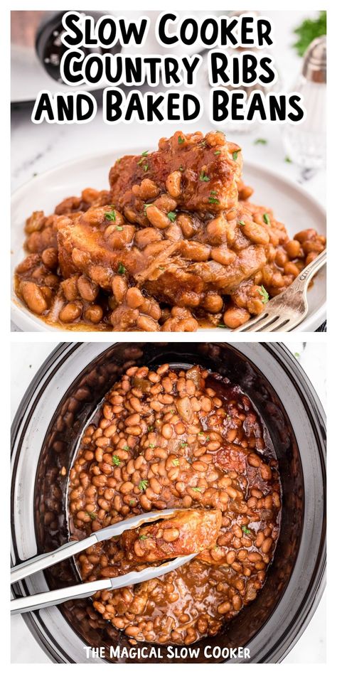 Slow Cooker Country Style Ribs and Baked Beans bring together the best of both worlds. Pork ribs are slowly cooked in barbecue sauce with a sweet and tangy bean mixture for a one-pot meal every family loves. Crock Pot Country Style Ribs, Slow Cooker Country Style Pork Ribs, Crockpot Country Style Pork Ribs, Slow Cooker Country Ribs, Boneless Pork Ribs Crockpot, Country Style Pork Ribs Crock Pot, Slow Cooker Country Style Ribs, Ribs Barbecue, Monthly Meals