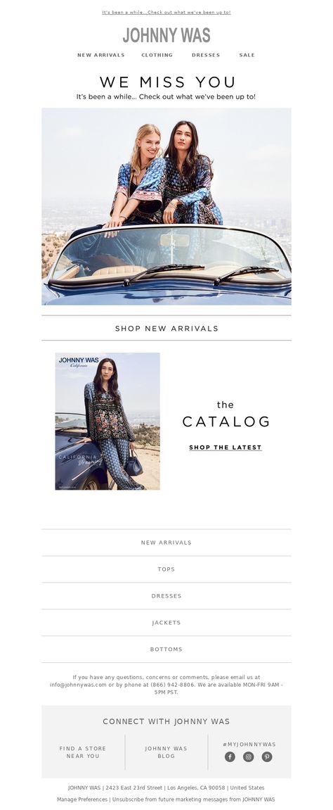 An awesome Win back campaigns email example from Johnny Was. View 100+ more email templates and examples and get inspiration for your next email design with MailCharts! #EmailDesign #EmailMarketing #EmailInspiration #WinBackCampaignsEmail Win Back Email, Winback Email, Email Examples, Campaign Planning, We Missed You, Email Design, Email Templates, Best Practices, Johnny Was