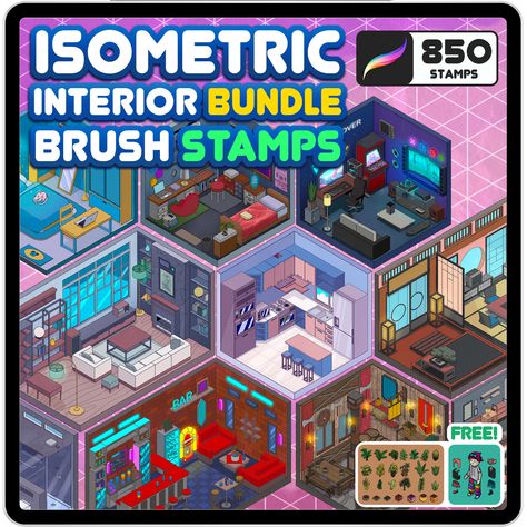 Procreate Isometric, Cartoon Ideas, Isometric Drawing, Isometric Art, Brush Sets, Isometric Illustration, Retro Games, Ipad App, Design Stamps