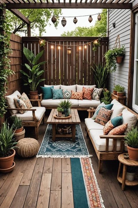 Boho Style Outdoor Deck Ideas: Transform your backyard with these 20 stunning outdoor spaces, perfect for relaxed gatherings and alfresco dining. Get inspired and create your own bohemian oasis! Browse now and start planning your dream deck Kitchen Ideas Outdoor, Outdoor Design Ideas, Rustic Patio, Gardening Projects, Outdoor Kitchen Ideas, Small Courtyards, Gardening Hacks, Outdoor Living Rooms, Boho Living Room Decor