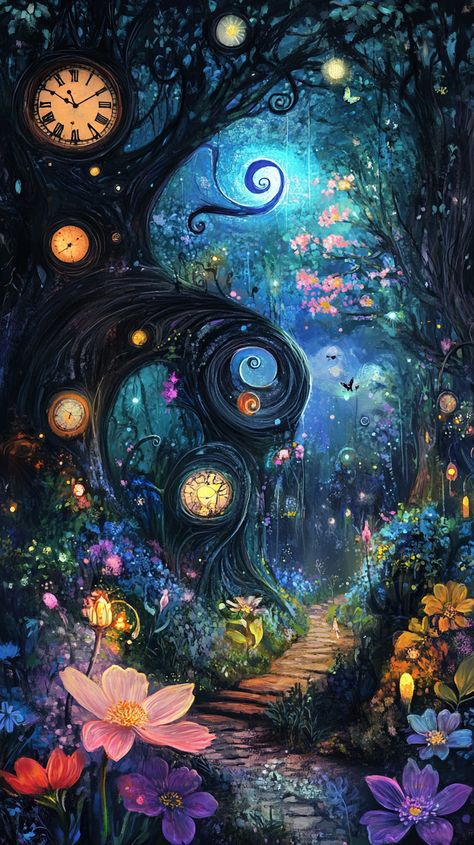 A whimsical forest where giant flowers whisper secrets, trees twist into spirals, and glowing fireflies dance under a sky filled with floating clocks and dreamy colors. Surreal Forest, Wonderland Forest, Dreamy Colors, Magical Nature, Whimsical Forest, Giant Flowers, Beautiful Night, A Sky, Forest Art