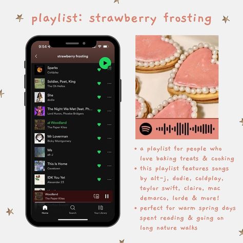 Spring Spotify Playlist, Baking Playlist, Spotify Playlist Name, Spring Playlist, Playlist Name, The Paper Kites, Lord Huron, Playlist Spotify, Strawberry Frosting