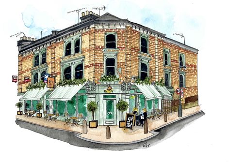 2 Point Perspective Drawing, 2 Point Perspective, Watercolour Drawings, Perspective Drawing Architecture, Building Aesthetic, London Pubs, London Architecture, Point Perspective, Soho London