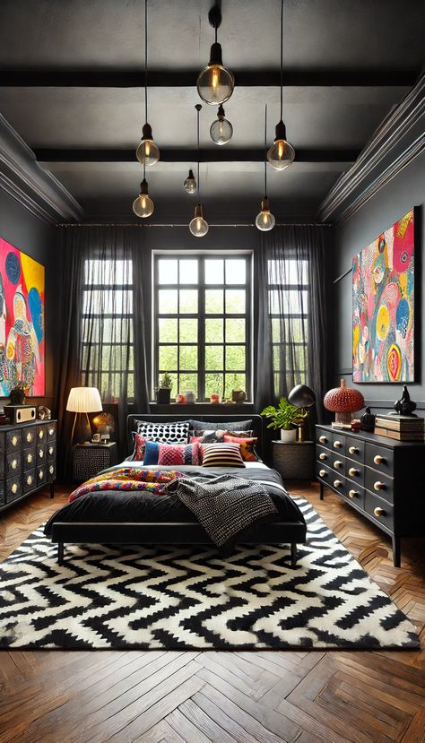 21 Stunning Black Bedroom Decor Ideas That Will Make You Want to Redecorate ASAP 🖤✨ Boho Funky Bedroom, Quirky House Ideas, Maximalist Bedroom Design, Quirky Lamps, Black Bedroom Decor Ideas, Black Wooden Bed, Black Upholstered Bed, Sheer White Curtains, Modern Black Bedroom