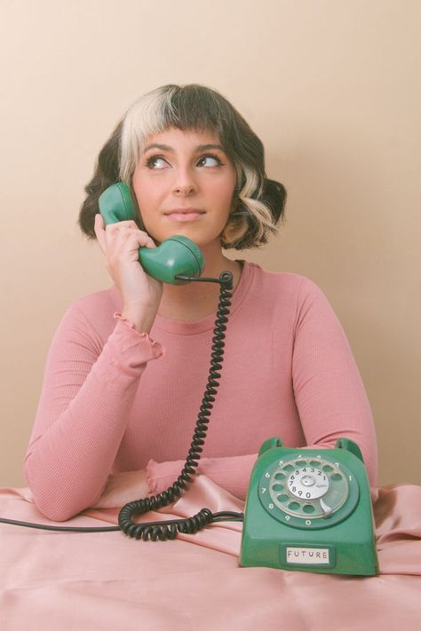 Holding A Telephone Drawing Reference, Person Holding Flip Phone, On The Phone Pose Reference, Telephone Pose Reference, Vintage Telephone Photoshoot, Person Holding Phone Drawing Reference, Rotary Phone Photoshoot, Posing With Phone, Person On Phone Reference