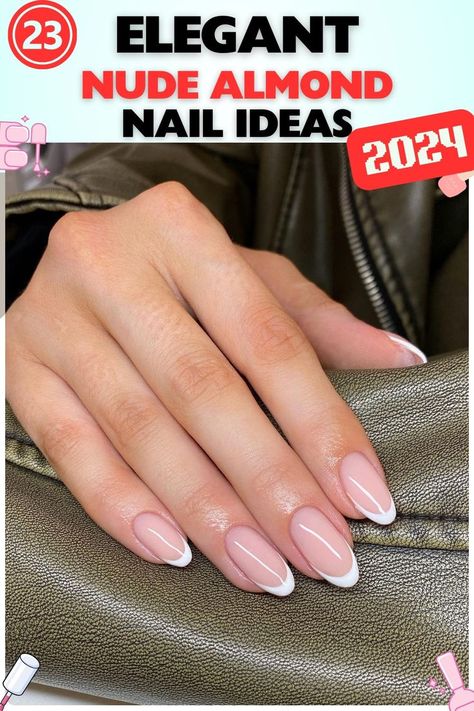 Classic nude almond nails with white tips, made with gel material. Medium length and glossy finish, perfect for professional and stylish looks. Suitable for formal occasions or everyday wear. Possible search terms: glossy nude almond nails, French manicure. Neutral Almond Nail, Nails With White Tips, Nude Almond Nails, Almond Nail Ideas, Nails French Manicure, Nails With White, Wedding Day Nails, White Tip Nails, Almond Nail