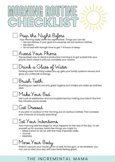 Build and incredible morning with this morning routine checklist for women. Get morning routine ideas to create the perfect routine for YOU, a free printable sample morning routine chart, plus a blank morning routine template to track your morning habits. Morning Routine Women Checklist, Sample Morning Routine, Womens Daily Routine, Daily Routine Ideas For Women, Getting Into A Routine, Sample Daily Routine Schedule For Adults, Healthy Morning Habits Checklist, Night Routine Ideas For Women, Morning Schedule For Women