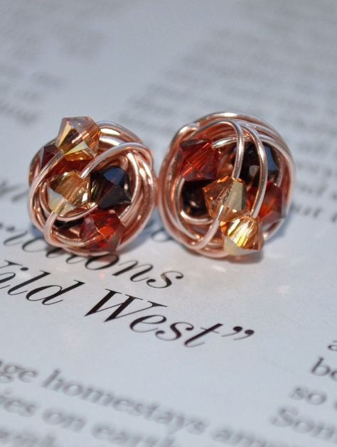 Wire Wrapped Stud Earrings, Fall Series, Wire Wrapped Rose, Rose Gold Stud Earrings, Rose Gold Earrings Studs, Rose Gold Studs, Handmade Wire Wrapped, Jewelry Techniques, Swarovski Crystal Beads