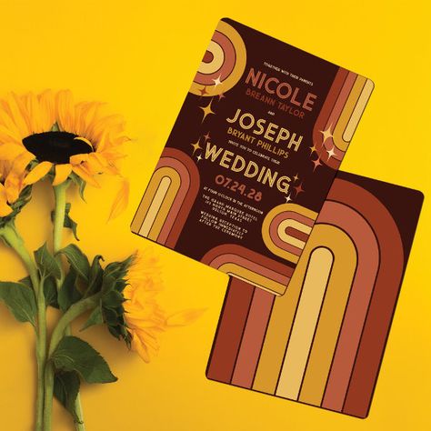 Retro 70's Bold Typography Rainbow Arch Wedding Invitation Event Arch, Outdoor Backyard Wedding, Terracotta Brick, Arch Wedding Invitation, Casual Wedding Invitations, Bold Wedding Invitations, Popular Wedding Invitations, Retro Wedding Invitations, Rainbow Arch