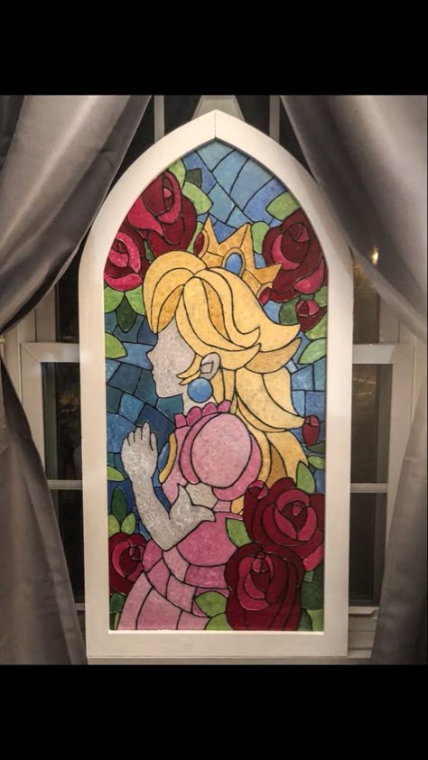 Faux stained glass window Mario Odyssey Princess Peach Princess Peach Game, Faux Stained Glass Window, Peach Rooms, Glass Stencil, Castle Tattoo, Princesa Peach, Stained Glass Paint, Window Color, Cute Canvas Paintings