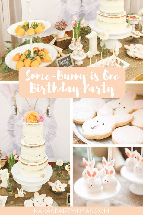 Easter Themed 3rd Birthday Party, Food For Bunny Themed Party, Bunny Third Birthday, Bunny Birthday Party Decorations Diy, Spring Time First Birthday Party, Bunny Party Food Ideas, Bunny Themed Food Party Ideas, One Bunny Birthday, Somebunny Is Turning Two