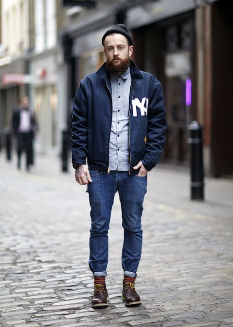 Anthony Pytlinski – Hairdresser  Shirt: Folk, jacket: Ebbets Field, jeans: Levis, boots: Red Wing, hat: from a market http://www.shaunjamescox.com Boots Style Men, Hairdresser Shirt, Levis Boots, Boots Outfit Men, Wing Boots, Red Wing Boots, Jeans Levis, Boots Style, Mens Boots Fashion