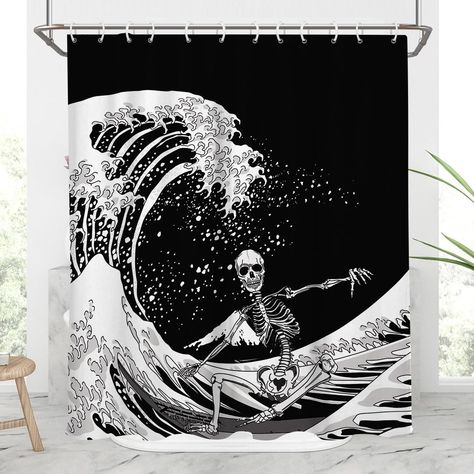 PRICES MAY VARY. ☻ MODERN BATHROOM DECOR ☻ This funny skull shower curtain is creative and unique. It makes the ambience more comfortable with the black white and grey background. ☻ WATERPROOF SHOWER CURTAIN ☻ This skeleton shower curtain use 100% premium polyester with strong ability of waterproof. ☻ INSTALLATION AND USE ☻ Easy to install and care: can be installed with plastic hooks easily. 100% premium Clear Image, No Fading. 100% machine washable. ☻ PRODUCT STANDARD ☻ This gothic shower curt Shower Curtain Funny, Weird Anime, Home Bathroom Decor, Skull Shower Curtain, Witch Vintage, Funny Shower Curtains, Goth Horror, Bathroom Partitions, Funny Skeleton