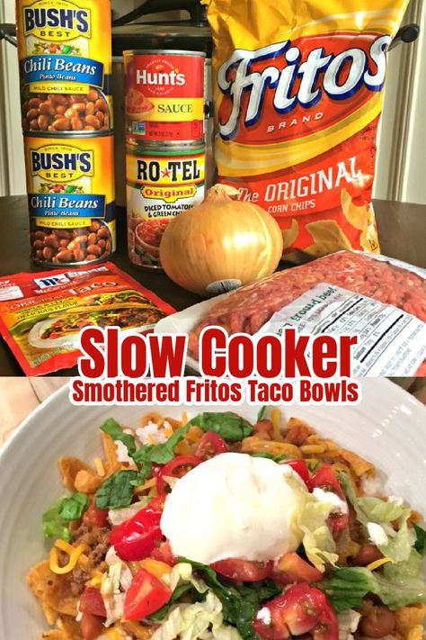 A photo coilage photo for Smothered Fritos Taco Bowls showing the ingredients and the recipe served in a white serving bowl with sour cream on top. Easy Crockpot Meals Taco, Meats In Crockpot, All In One Crockpot Walking Taco, Slow Cooker Frito Taco Bowl, Crock Pot Walking Tacos, Walking Taco Crockpot, Frito Bowl Recipes, Crockpot Walking Tacos With Fritos, Crockpot Walking Tacos Crock Pot