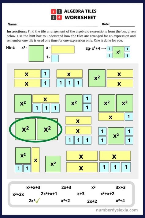 Here is we talk about the free printable algebra tiles worksheets that can corroborate the young learners to master it effortlessly.There are six worksheets in total; the first page of each is easier and the second page is a step ahead. Algebra is a crucial division of math that preaches us the logical path of resolving a problem. #algebraworksheets #algebratiles #pdf #mathworksheets. You can have prints Worksheets PDFs and save them on your device and practicing with these handy sheets. Algebra Tiles, Free Math Resources, Algebraic Expressions, Algebra Worksheets, Study Techniques, Learning Methods, Free Math, Math Worksheet, Learning Math