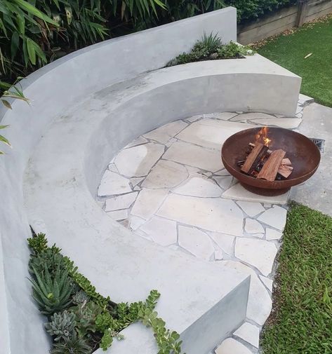 Bench Seat With Back, Curved Concrete Bench, Concrete Bench Seat, Crazy Pave, Outdoor Fire Pit Area, Fire Pit Landscaping, Concrete Bench, Backyard Renovations, Fire Pit Area