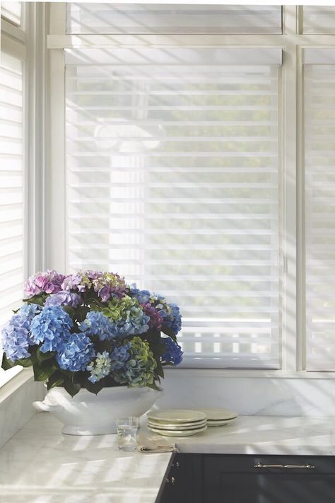 Hunter Douglas Silhouette and Nantucket Window Shadings Wooden Blinds Kitchen, Kitchen Blinds Modern, Hunter Douglas Silhouette, Hunter Douglas Shades, Hunter Douglas Blinds, Sliding Door Window Treatments, Patio Blinds, White Blinds, Modern Blinds