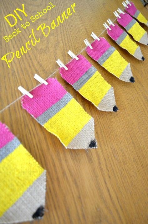 OH school supply heavenly goodness - this DIY Back to School Pencil Banner is perfect for classroom decor, scrapbooking, and sensory corners! SO easy even I made it! Diy Back To School, Diy Pencil, Back To School Crafts, Back To School Party, School Pencils, School Banner, Diy School Supplies, Diy Banner, Diy Classroom