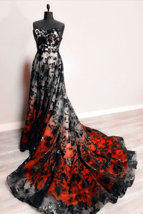 Orange And Black Goth Dress Orange And Black Prom Dress, Black And Orange Prom Dress, Orange And Black Wedding Dress, Black And Orange Wedding Dress, Orange And Black Wedding, Red And Black Prom Dress, Goth Prom Dresses, Dark Weddings, Luna Mothews