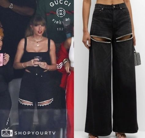 Super Bowl: LVIII Taylor Swift's Black Embellished Cut Out Jeans Taylor Swift Super Bowl Outfit, Taylor Swift Super Bowl, Rhinestone Jeans Outfit, Taylor Swift Jeans, Diamond Jeans, Super Bowl Outfit, Sparkle Jeans, Denim Rhinestone, Cut Out Jeans