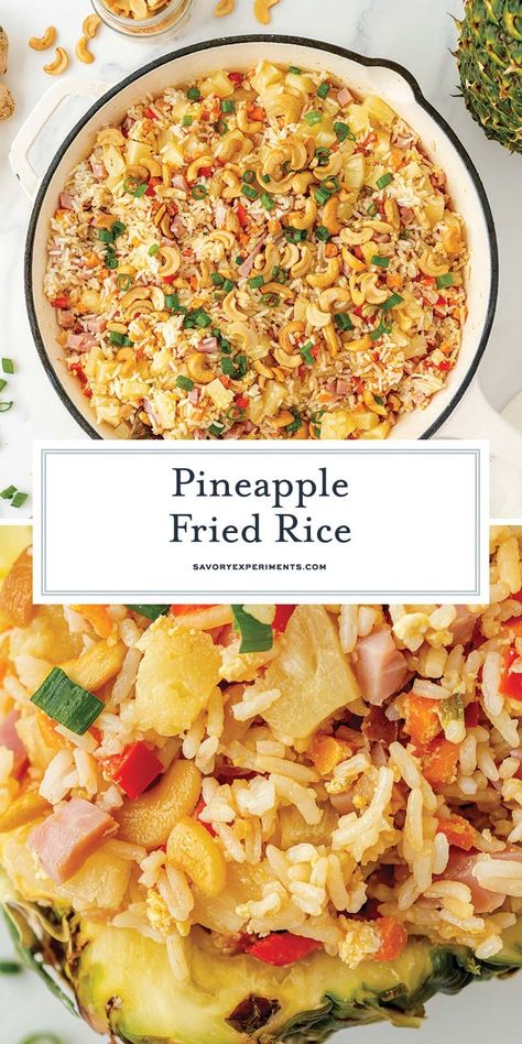 Pineapple Fried Rice is an easy weeknight meal that's cheaper, tastier and healthier than take-out! Make it a vegetarian meal or add ham. Pineapple Fried Rice Recipe, Pineapple Rice, Easy Stir Fry Recipes, Pineapple Fried Rice, Minute Rice, Pineapple Recipes, Fry Recipes, Campfire Food, Vegetarian Meal