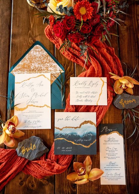 Rustic Orange And Dark Teal Wedding Invitations, Teal And Red Rustic Wedding, Peacock And Burnt Orange Wedding, Teal Orange And Red Wedding, Harvest Wedding Ideas, Dark Teal And Burnt Orange Wedding, Teal And Terracotta Wedding, Teal And Rust Wedding, Copper And Teal Wedding