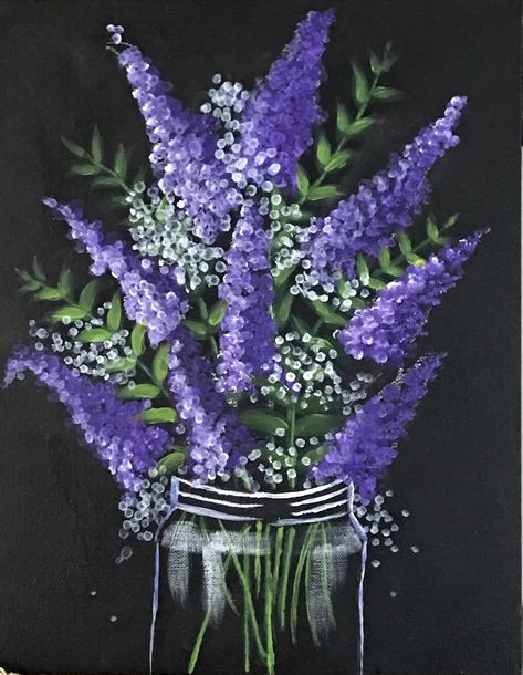 Purple And Black Painting Ideas, Paint Flowers Easy Acrylic, Purple Theme Painting, Purple Flower Painting Acrylic Easy, Purple Acrylic Painting Ideas, Paint Lavender Flowers, Draw Lavender, Acrylics Simple, Purple Flowers Painting