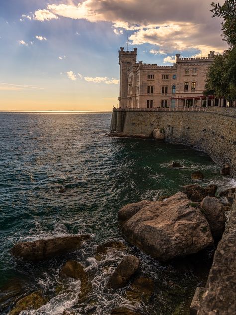 Italy Castle Aesthetic, Island Castle Aesthetic, Castle Near Ocean, Castle By The Sea Aesthetic, Sea Castle Aesthetic, Ocean Castle Aesthetic, Trieste Italy Aesthetic, Castle By The Ocean, Trieste Aesthetic