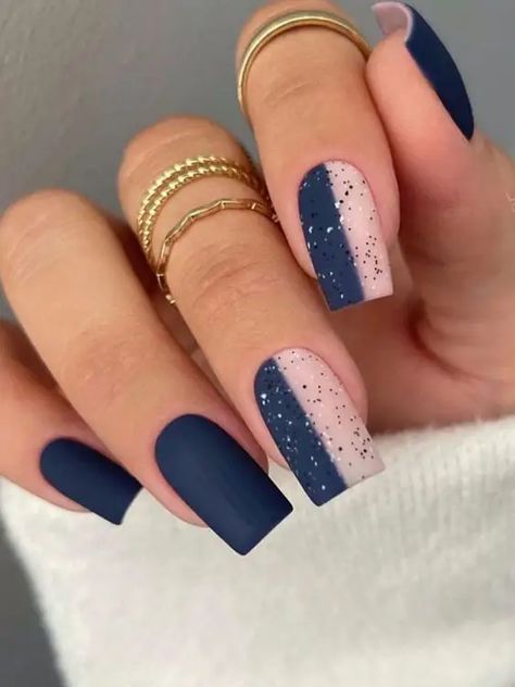 Nail Ideas For 2023, Black And Blue Nails, Blue Matte Nails, Edgy Vibes, Blue And White Nails, Dark Blue Nails, Fall Nail Ideas, Navy Blue Nails, Blue Acrylic Nails