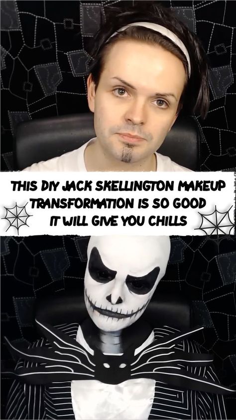 Turn heads this Halloween with a DIY Jack Skellington makeup look. #HalloweenDIY #HalloweenMakeup #JackSkellingtonMakeup Simple Jack Skellington Makeup, Jack Skellington Makeup, How To Do Jack Skellington Makeup, Jack Skellington Womens Makeup, Homemade Jack Skellington Costume, Jack Skellington Make Up Female, Sally Makeup, Perfect Movie, Makeup Transformation