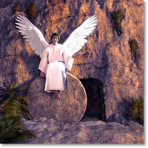 When the three women arrived at the tomb, they found that the stone had been rolled away; and an angel spoke to them. Daycare Worksheets, Angels Quotes, Jesus Tomb, Angel Paintings, He Is Lord, Empty Tomb, Church Backgrounds, Angel Wallpaper, Archangel Gabriel