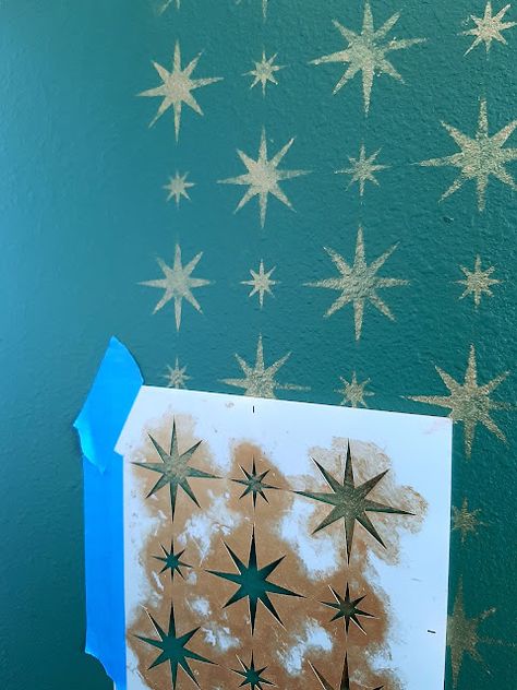 Starburst Stencil Wall, Painting Ideas For Home Walls Interior Design, Mid Century Stencil, Retro Entryway Table, Stenciled Entryway Wall, Stamp Wall Paint, Hand Painted Stars On Wall, Painted Stencil Wall, Making Your House A Home