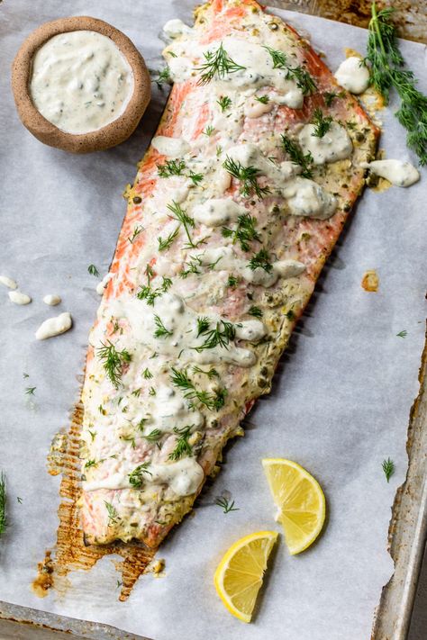 Salmon Boats, Slow Roasted Salmon, Gina Homolka, Creamy Mustard Sauce, Easy Baked Salmon, Mustard Sauce, Slow Roast, Skinny Taste Recipes, Roasted Salmon