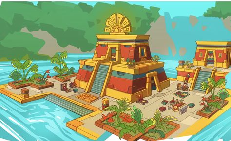 Mayan Interior Design, Aztec Environment Concept Art, Mayan Concept Art, Aztec Cartoon, Inca Temple, Mesoamerican Architecture, Aztec City, Scifi Building, Aztec Temple