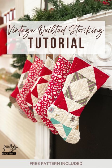 Quilt Christmas Stocking Pattern, Christmas Stocking From Old Quilt, Stocking Quilt Pattern, Vintage Quilt Christmas Stocking, Sew Stocking Christmas, Quilted Christmas Stocking Pattern Free, Vintage Christmas Stockings Ideas, Quilt Stocking Pattern, Diy Christmas Stockings Pattern