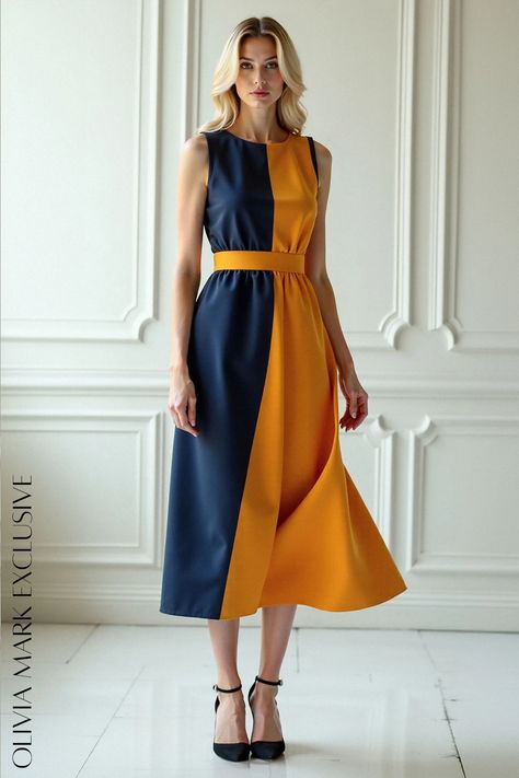 This exquisite garment is a symphony of navy blue and mustard yellow, a bold yet harmonious color palette that is sure to make a statement. Crafted with the finest fabric, it flows gracefully to mid-calf, accentuating your silhouette with every step. The fitted bodice cinches at the waist, highlighting your curves before cascading into a full skirt that flares with movement, adding a touch of ethereal beauty. Paired with pointed black heels, this dress is the embodiment of timeless fashion, perfect for any occasion. Embrace your inner diva and step out in style with the Olivia Mark Midi Dress. Mustard Yellow Dress, Block Color, Navy Midi Dress, Ethereal Beauty, Fine Fabric, Fitted Bodice, Full Skirt, Yellow Dress, Olivia Mark