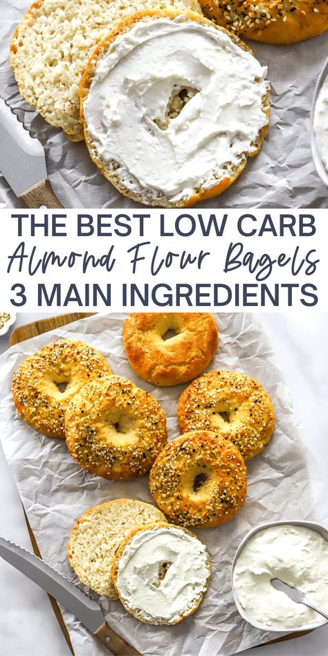 You are going to love these amazing almond flour bagels that are low carb and gluten free! They are made with just 3 main ingredients - almond flour, Greek yogurt, and baking powder and have 6 net carbs per bagel! Enjoy them sliced with cream cheese, for sandwiches, or as a base for a low carb bagel pizza! Gluten Free Low Carb Bagels, Almond Flour Cheddar Biscuits, Low Carb Everything Bagel Recipe, Almond Flour Bagels Cottage Cheese, Bake With Almond Flour, Almond Flour Bagel Recipe, Greek Yogurt And Almond Flour Bagels, What To Do With Almond Flour, Gluten Free Bagels No Yeast