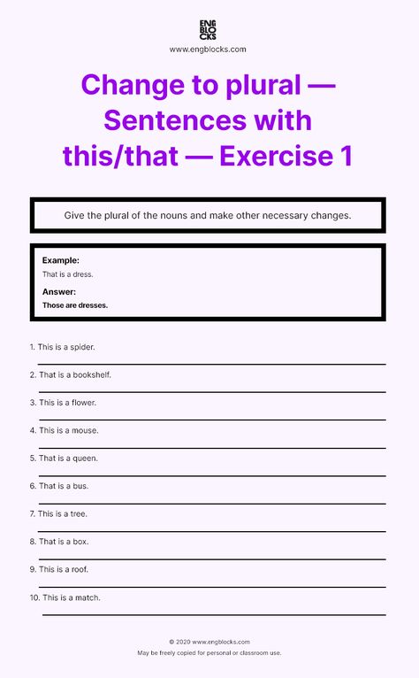 Give the plural of the nouns and make other necessary changes. Download this printable worksheet in pdf FREE. Answer key included. #english #englishgrammar #noun #eslworksheets #esl #eslwebsite #engblocks Change Into Plural Worksheet, Singular To Plural, Plurals Worksheets, Singular Plural, Free Printable Alphabet Worksheets, Singular And Plural Nouns, Uncountable Nouns, Printable Alphabet Worksheets, Nouns Worksheet