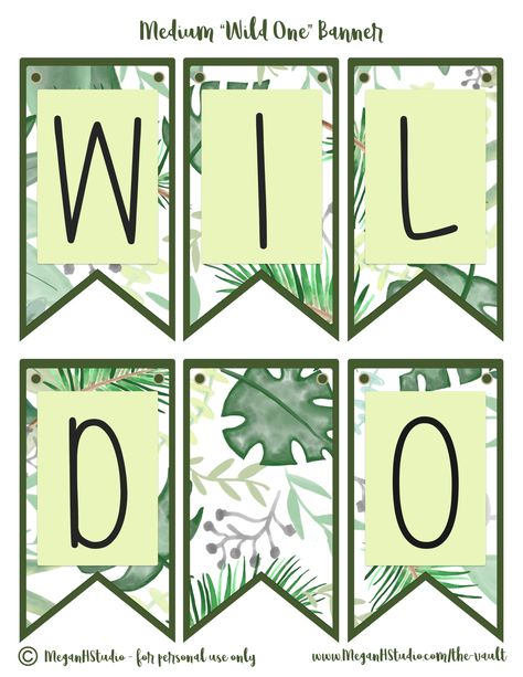 Free Printable Wild One Banner – MeganHStudio Safari Birthday Printables Free, Wild One Printable Free, Wild One Banner, Printable Banner Template, Jungle Foliage, Wild Birthday Party, Free Printable Banner, One Banner, Safari Decorations