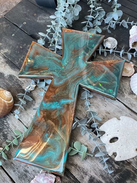 Christian Resin Art, Cross Decorations, Diy Crosses, Resin Trinket Dish, Resin Cross, Beach Resin, Cross Wall Art, Bedroom Stuff, Corpus Christi Tx