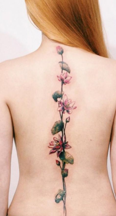 40+ Spine Tattoo Ideas for Women | Cuded Back Tattoo Women Spine, Lotusblume Tattoo, Back Tattoos Spine, Floral Back Tattoos, Flower Spine Tattoos, Tato Minimal, Lotus Tattoo Design, Flower Tattoo Drawings, Unalome Tattoo