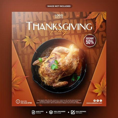 Party Social Media Post, Thanksgiving Ads, Thanksgiving Post, Restaurant Layout, Post Template Design, Thanksgiving Poster, Food Captions, Ads Creative Advertising Ideas, Social Media Advertising Design