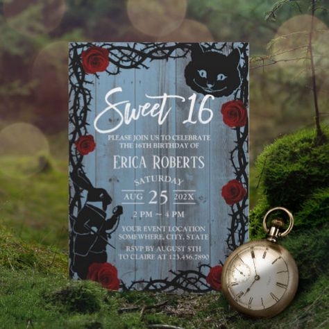 Sweet 16 Alice In Wonderland Dusty Blue Barn Wood Invitation #zazzle #weddinginvitations #birthdayinvitations #babyshowerinvitations #zazzleinvitations #monogram #businesscards #graduation #homedecor Wonderland Party Invitations, Wonderland Sweet 16, Cheshire Cat Smile, Digital Invitations Design, Wonderland Invitation, Blue Barn, 16 Invitations, Alice In Wonderland Tea Party Birthday, Rustic Birthday