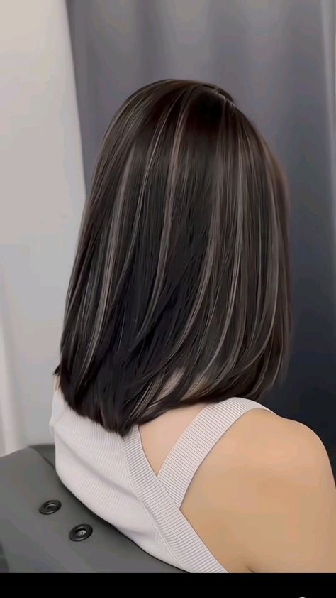 Black Short Hair Highlights, Hairlights In Dark Hair, Light Hair Dark Eyes, Black And Silver Hair Short, Rayos En El Cabello Oscuro, Ash Brown Highlights On Dark Hair, Short Black Hair With Highlights, Sleek Short Hair, Highlight Hair