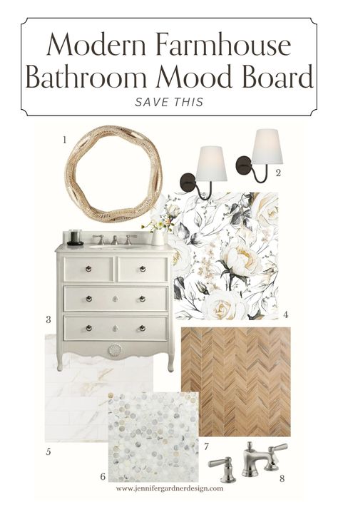 Dive into the world of modern farmhouse decor, where classic charm meets sleek sophistication. Discover farmhouse style reimagined for the modern home, with curated elements that blend rustic textures, clean lines, and minimalist aesthetics. Elevate your space with the timeless appeal of farmhouse design, creating a cozy and inviting atmosphere that exudes warmth and character. Our mood board offers endless inspiration to transform your home into a haven of modern farmhouse charm. Modern Farmhouse Bathroom Mood Board, Bathroom Tile Mood Board, Farmhouse Bathroom Mood Board, Modern Farmhouse Mood Board, Farmhouse Mood Board, Bathroom Mood Boards, Bathroom Mood Board, Vanity Inspiration, Transitional Interior Design