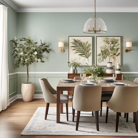 Sage Walls Dining Room, Green Walls Inspiration, Dining Room Green Accents, Light Sage Green Dining Room, Sage Green Kitchen Dining Room, Green Walls In Dining Room, Wall Light Dining Room, Sage Accent Wall Dining Room, Sage Dining Room Ideas