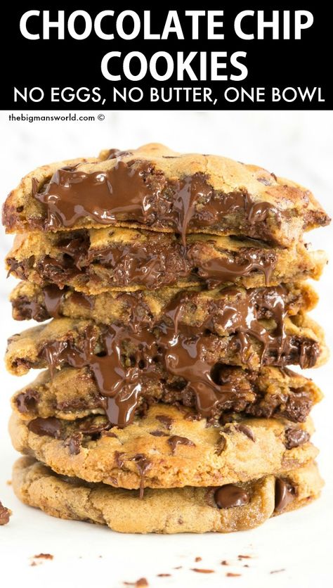 Vegan Chocolate Chip Cookies No Butter, Egg And Butter Free Cookies, No Egg No Butter Desserts, Vegan Soft Cookies, Vegan Cookies No Butter, One Bowl Chocolate Chip Cookies, Baking No Eggs, No Butter Cookie Recipe, The Best Chocolate Chip Cookies Recipe