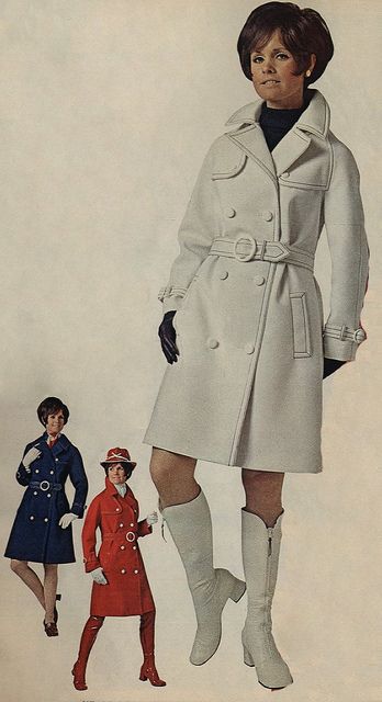 Trench Coat with White Boots a favorite look circa 1966 70s Womens Fashion, 1970s Vintage Fashion, 60s Vintage Fashion, 1970s Fashion Women, Raincoat Fashion, Go Go Boots, Decades Of Fashion, 1960 Fashion, Retro Coat