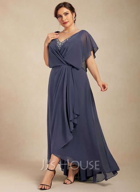 A-Line V-neck Asymmetrical Chiffon Mother of the Bride Dress With Beading Sequins Cascading Ruffles (008179221) - JJ's House Sukienki Plus Size, Amanda Dress, Lace Beach Wedding Dress, Two Piece Homecoming Dress, Chiffon Evening Dresses, Dresses Chiffon, Beaded Chiffon, Plus Size Prom Dresses, Mothers Dresses