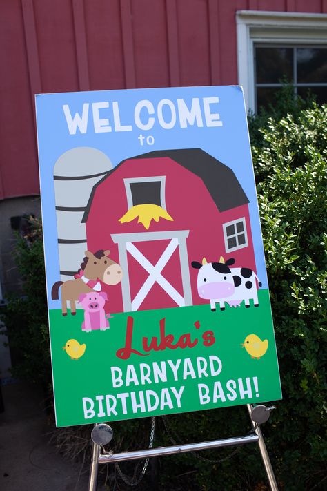 Custom welcome sign for barnyard birthday party Farm Birthday Party Signs, Barnyard Dance Birthday Party, Barnyard Party Decorations, Barnyard Birthday Party Boys, Farm Animal Birthday Party Decorations, Barn Themed Birthday Party, Barnyard Birthday Party Decorations, Farm Birthday Party Decorations, Farmyard Birthday